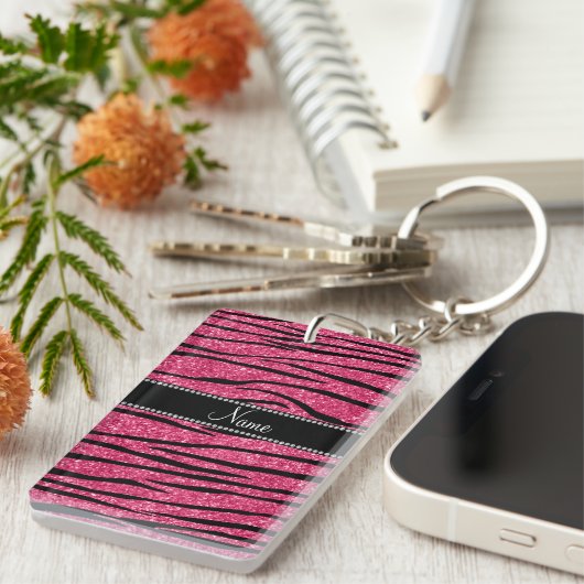 Persoonlijke naam fuchsia roze glitter zebra strip sleutelhanger (Voorkant Rechts)