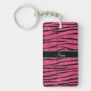 Persoonlijke naam fuchsia roze glitter zebra strip sleutelhanger