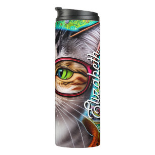 Persoonlijke naam Funky Cute Cat Wearing Glasses Thermosbeker