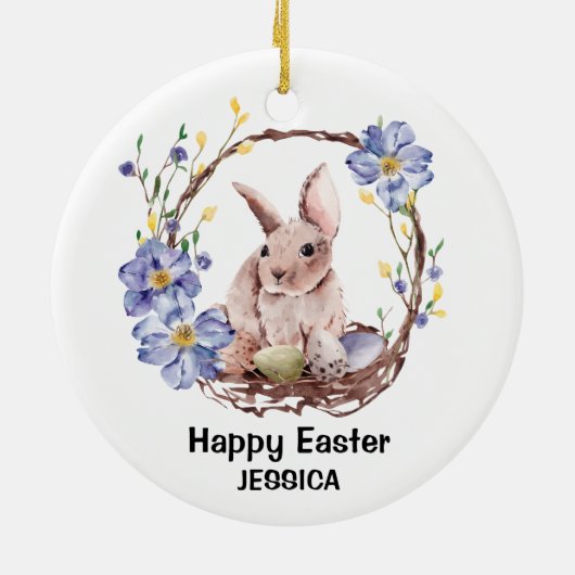Persoonlijke naam Funny Bunny Happy Pasen Keramisch Ornament (Achterkant)