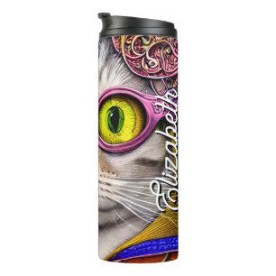 Persoonlijke naam Funny Cat Funky Glasses Thermosbeker