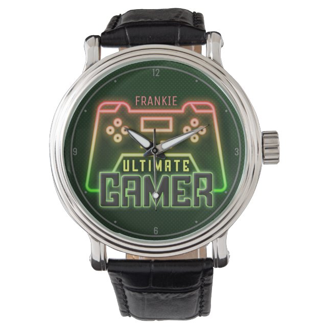 Persoonlijke naam Gamer Faux Neon Retro Video Game Horloge (Voorkant)