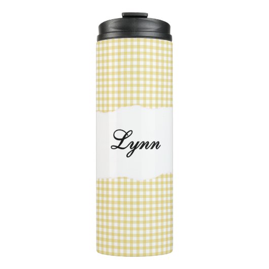 Persoonlijke naam geel Gingham-patroon Thermosbeker (Voorkant)