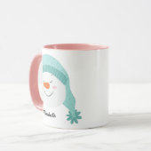 Persoonlijke naam glimlachend gezicht sneeuwman bl mok (Voorkant links)