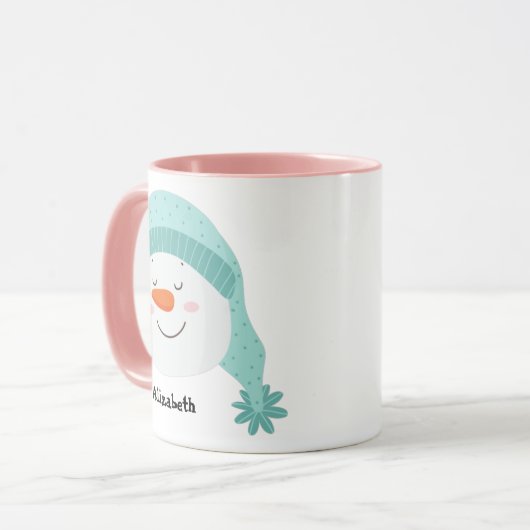 Persoonlijke naam glimlachend gezicht sneeuwman bl mok (Voorkant links)