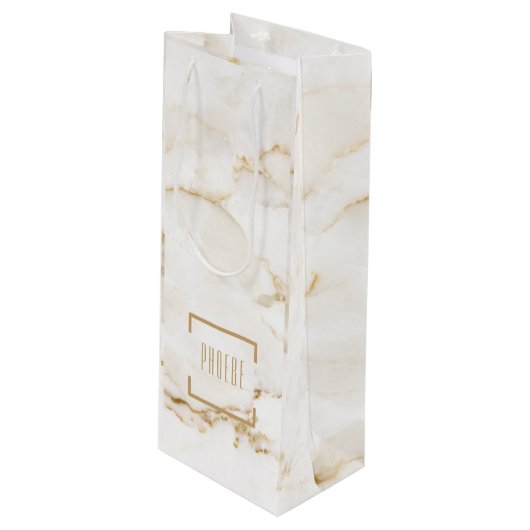 Persoonlijke naam goudeffect marmer wijn cadeautas (Voorkant Gekanteld)