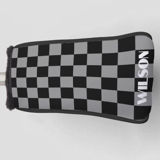 Persoonlijke naam grijs & zwart geruit  golfheadcover (Voorkant)