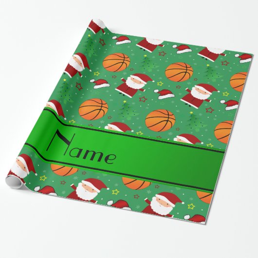 Persoonlijke naam groene basketbal kerst cadeaupapier (Uitgerold)