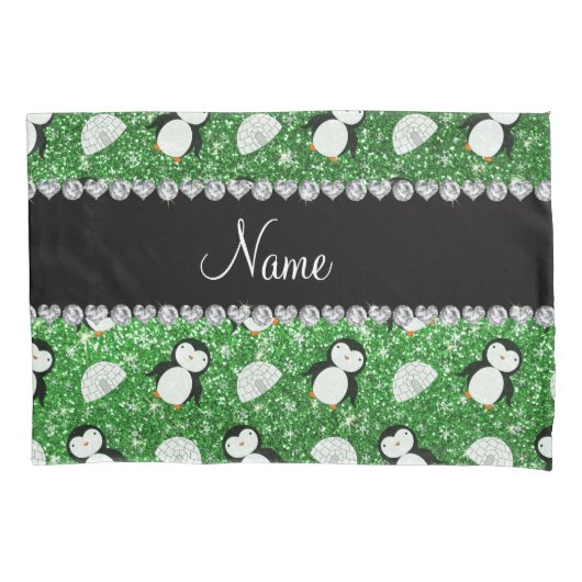 Persoonlijke naam groene glitter pinguins igloos kussensloop (Voorkant)