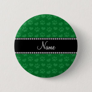 Persoonlijke naam, groene harten en pootafdrukken ronde button 5,7 cm