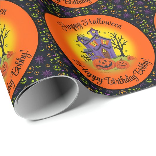 Persoonlijke naam Halloween Pumpkin Haunted House Cadeaupapier (Rol Hoek)
