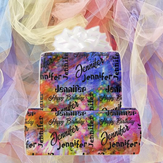 Persoonlijke naam Happy Birthday Color Splash Cadeaupapier
