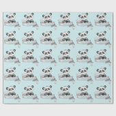 Persoonlijke naam Happy Panda Baby Blue & Grey Cadeaupapier (Vlak)