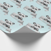 Persoonlijke naam Happy Panda Baby Blue & Grey Cadeaupapier (Hoek)