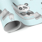 Persoonlijke naam Happy Panda Baby Blue & Grey Cadeaupapier (Rol Hoek)