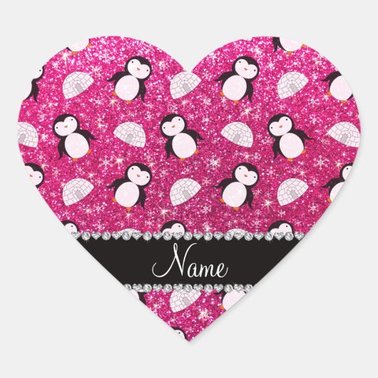 Persoonlijke naam hete roze glitterpinguïns igloos hart sticker (Voorkant)