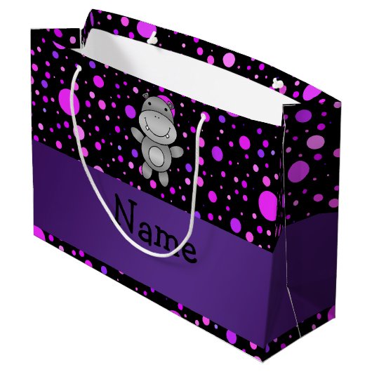 Persoonlijke naam hippo paarse polka dots groot cadeauzakje (Achterkant Gekanteld)