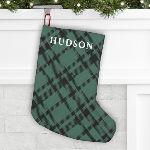 Persoonlijke naam in dennen groene tartan geruit kleine kerstsok