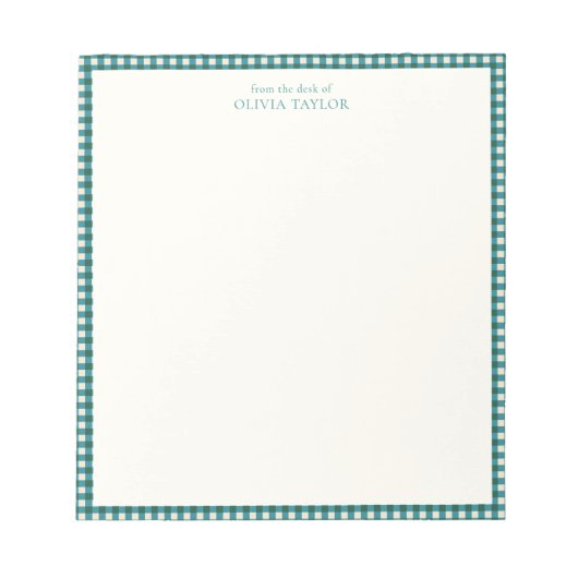 Persoonlijke naam in preppy turquoise gingham ruit notitieblok (Voorkant)