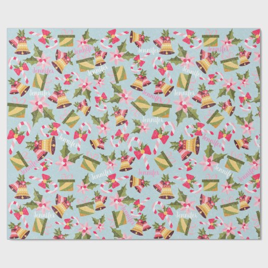 Persoonlijke naam in roze witte kerstcadeaus cadeaupapier (Vlak)