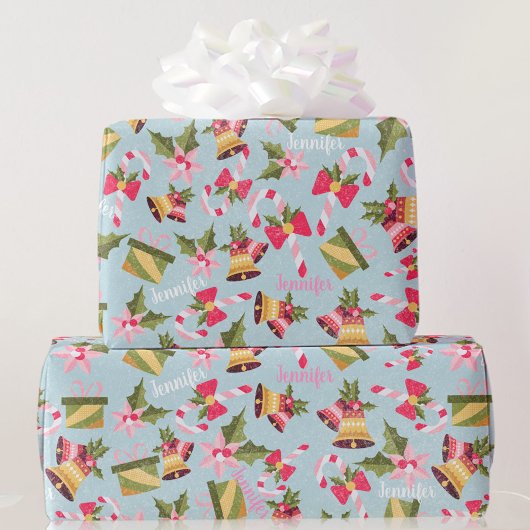 Persoonlijke naam in roze witte kerstcadeaus cadeaupapier