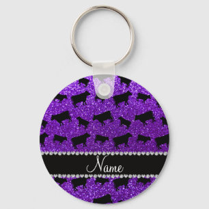 Persoonlijke naam indigo paarse glitter koeien sleutelhanger
