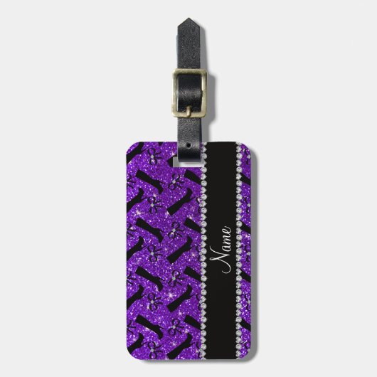 Persoonlijke naam indigo paarse glitterlaarzen bagagelabel (Voorkant verticaal)