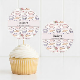 Persoonlijke Naam Kawaii Geruite Cupcake Topper Ronde Sticker