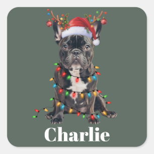 Persoonlijke Naam Kerstmis Franse Bulldog Hond  Vierkante Sticker