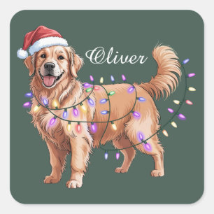 Persoonlijke Naam Kerstmis Goud Retriever Hond  Vierkante Sticker