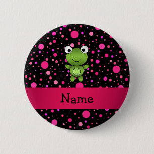 Persoonlijke naam kikker zwarte roze poka dots ronde button 5,7 cm