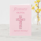 Persoonlijke naam kleindochter Baptism Pink Girl Kaart (Gele Bloem)