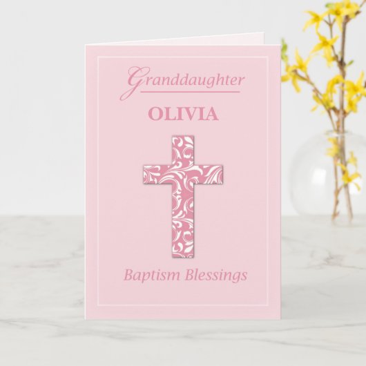 Persoonlijke naam kleindochter Baptism Pink Girl Kaart (Gele Bloem)