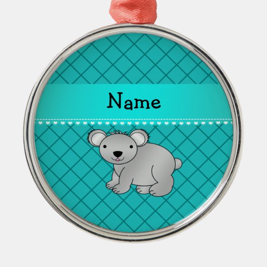 Persoonlijke naam koala beer turquoise grid metalen ornament (Voorkant)