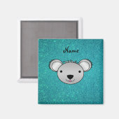 Persoonlijke naam koala gezicht turquoise glitter magneet (Voorkant / Achterkant)