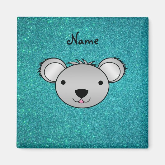 Persoonlijke naam koala gezicht turquoise glitter magneet (Voorkant)