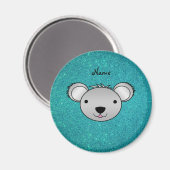 Persoonlijke naam koala gezicht turquoise glitter magneet (Voorkant / Achterkant)