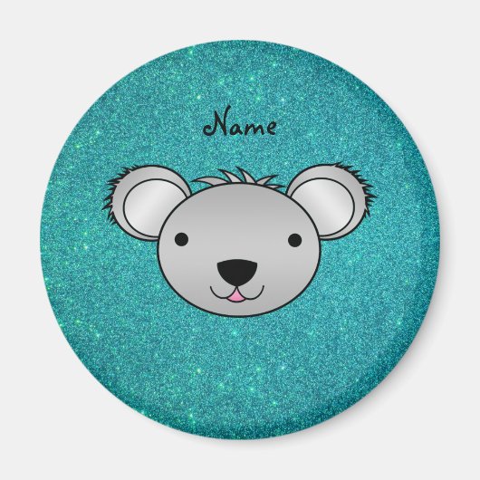 Persoonlijke naam koala gezicht turquoise glitter magneet (Voorkant)