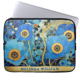 Persoonlijke naam kunst blauwe bloemen goud abstra laptop sleeve