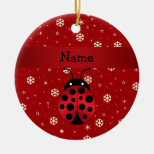 Persoonlijke naam ladybug rode sneeuwvlokken keramisch ornament