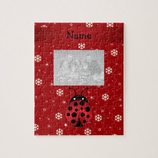 Persoonlijke naam ladybug rode sneeuwvlokken legpuzzel (Verticaal)