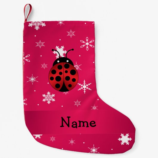 Persoonlijke naam ladybug roze sneeuwvlokken kleine kerstsok (Voorkant)