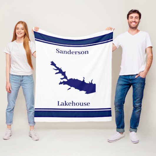 Persoonlijke naam Lake Arrowiad Map Navy Blue Fleece Deken (In situ)