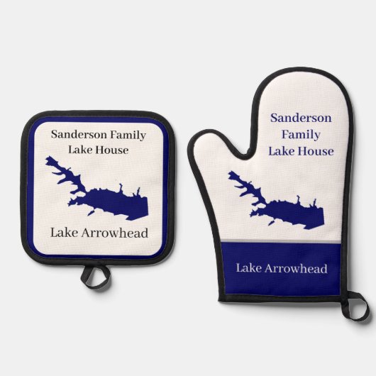 Persoonlijke naam Lake Arrowiad Map Navy Blue Ovenwant & Pannenlap Set (Voorkant)
