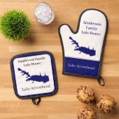 Persoonlijke naam Lake Arrowiad Map Navy Blue Ovenwant & Pannenlap Set (Top down)