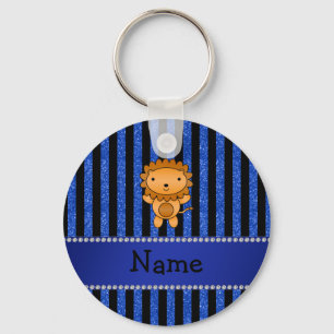 Persoonlijke naam leeuwenblauwe glitterstrepen sleutelhanger