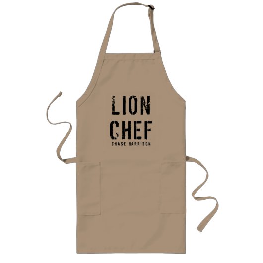 Persoonlijke naam Lion Chef Black & Khaki Lang Schort (Voorkant)