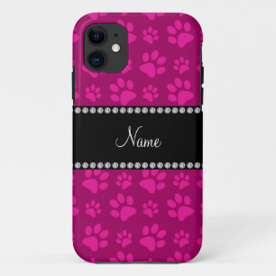 Persoonlijke naam magenta roze hondenpootafdrukken iPhone 11 hoesje