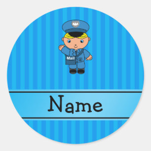 Persoonlijke naam mailman blauwe strepen ronde sticker