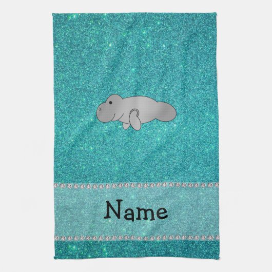 Persoonlijke naam manatee turquoise glitter theedoek (Verticaal)